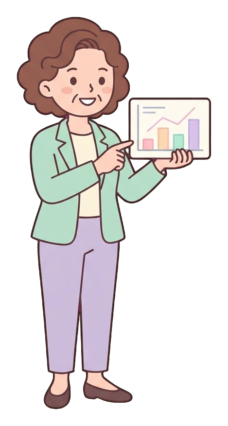 Simple cute flat cartoon illustration with soft pastel colors and thin clean dark outlines of a middle-aged woman, office worker presenting in a meeting, pointing at a small chart board, transparent background PNG