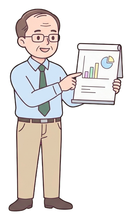 Simple cute flat cartoon illustration with soft pastel colors and thin clean dark outlines of a middle-aged man, office worker presenting in a meeting, pointing at a small chart board, transparent background PNG