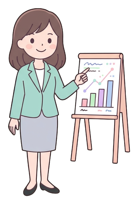 Simple cute flat cartoon illustration with soft pastel colors and thin clean dark outlines of a young woman, office worker presenting in a meeting, pointing at a small chart board, transparent background PNG
