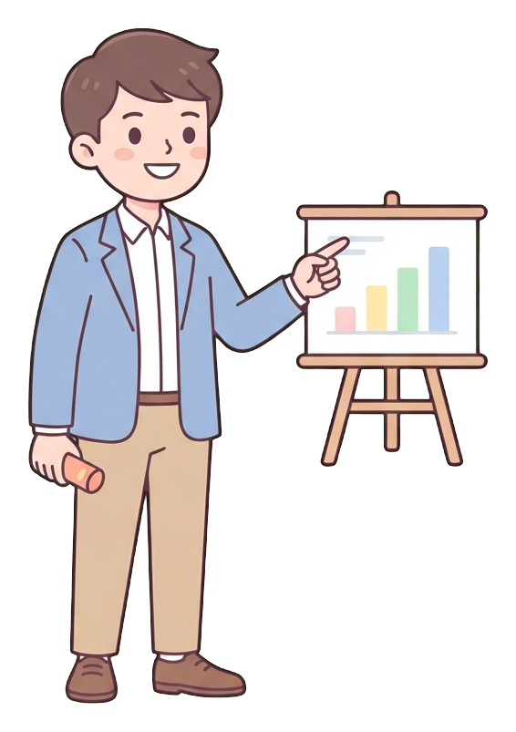 Simple cute flat cartoon illustration with soft pastel colors and thin clean dark outlines of a young man, office worker presenting in a meeting, pointing at a small chart board, transparent background PNG