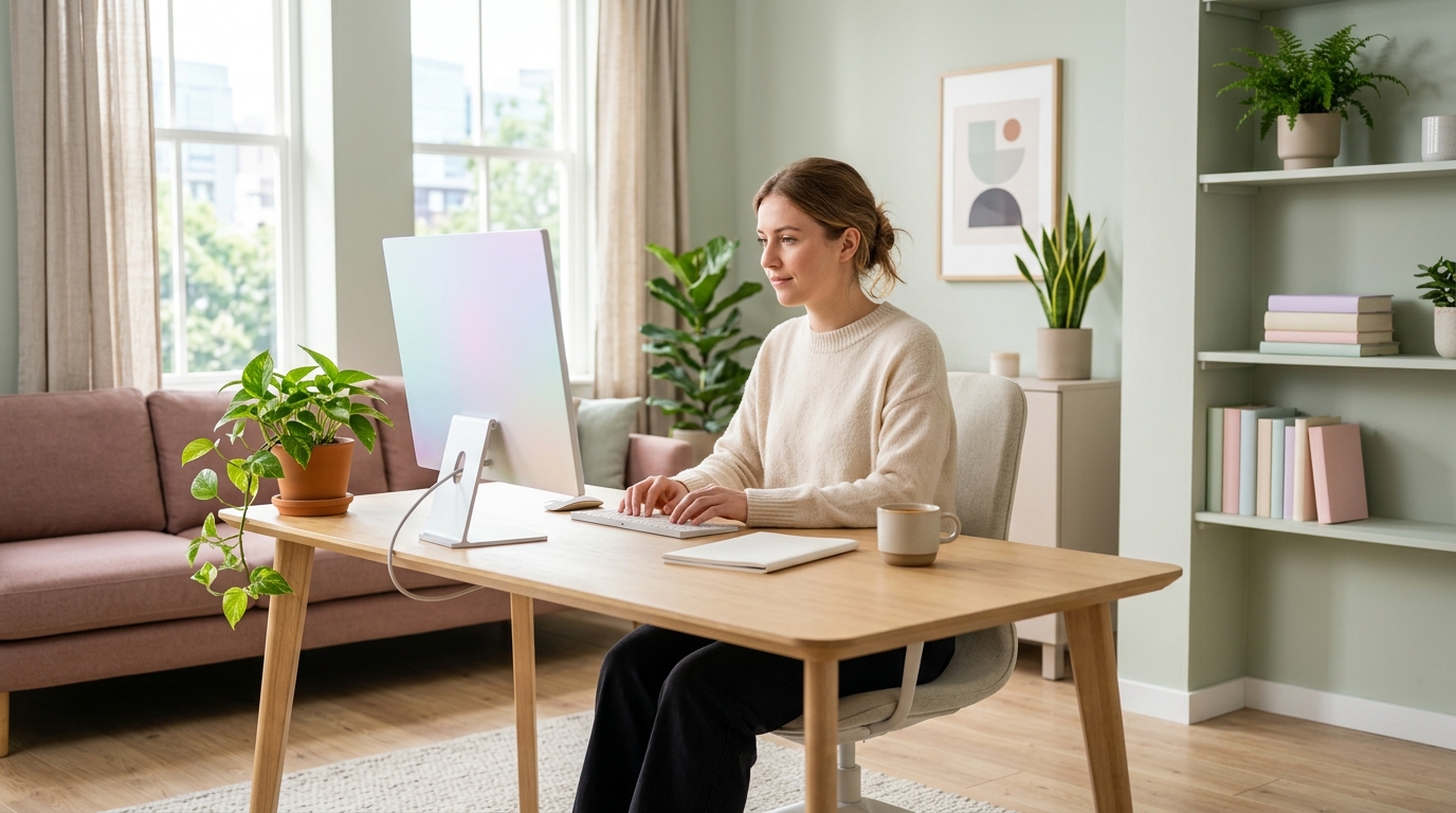 Photorealistic photo of modern office, centered subject with a simple uncluttered composition, soft pastel colors, bright and cozy, 16:9 aspect ratio