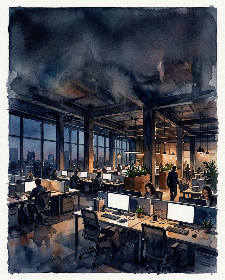 Watercolor illustration of modern office, wide shot with open space at the top for text, moody dark tones, dramatic lighting, 4:5 aspect ratio