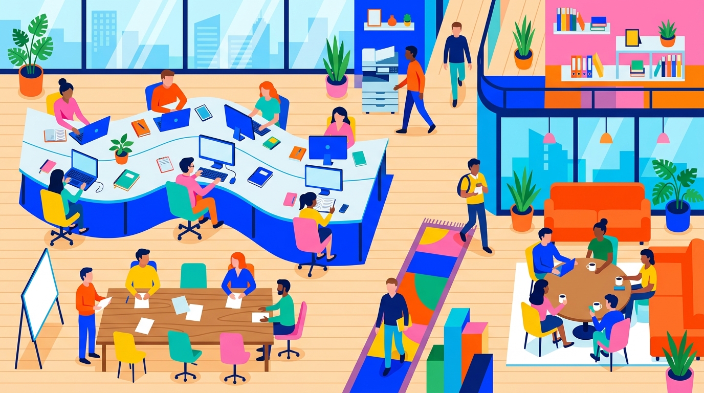 Minimal flat illustration of modern office, high-angle view from above, vivid colors, high contrast, energetic, 16:9 aspect ratio