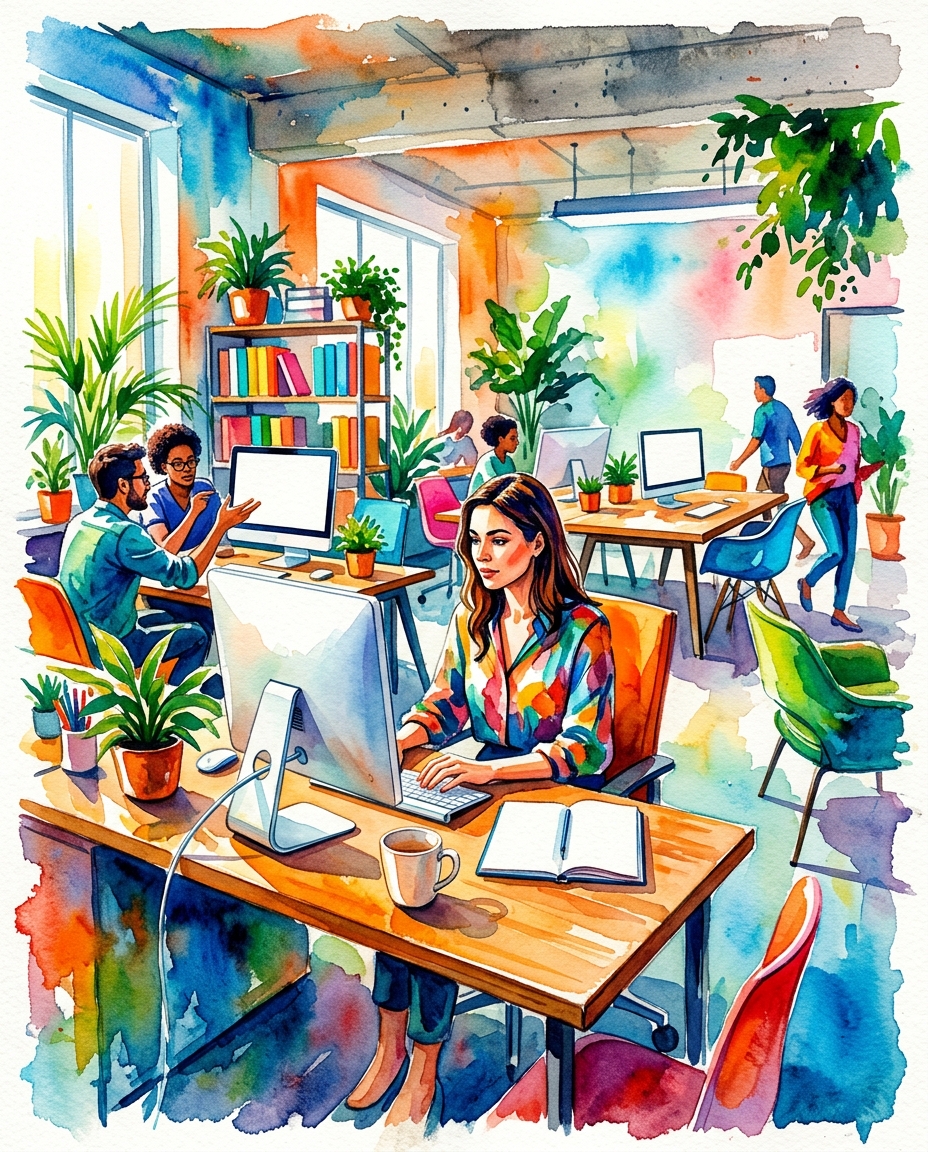 Watercolor illustration of modern office, centered subject with a simple uncluttered composition, vivid colors, high contrast, energetic, 4:5 aspect ratio