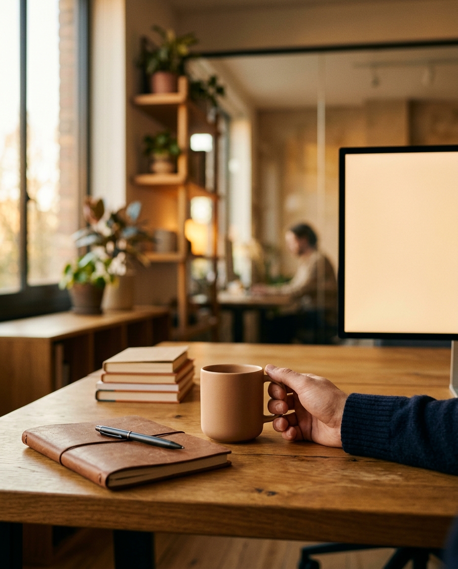 Cinematic film still of modern office, close-up detail with shallow depth of field, warm golden light, calm mood, 4:5 aspect ratio
