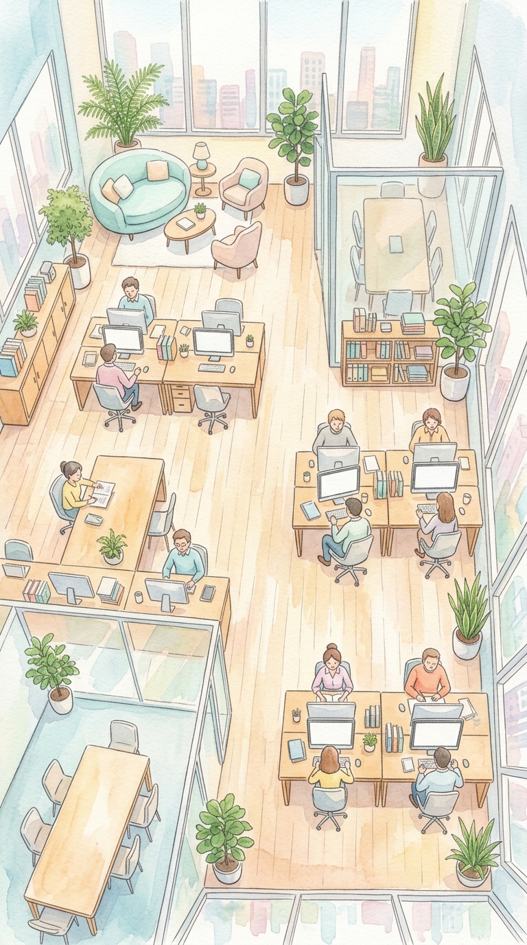 Watercolor illustration of modern office, high-angle view from above, soft pastel colors, bright and cozy, 9:16 aspect ratio