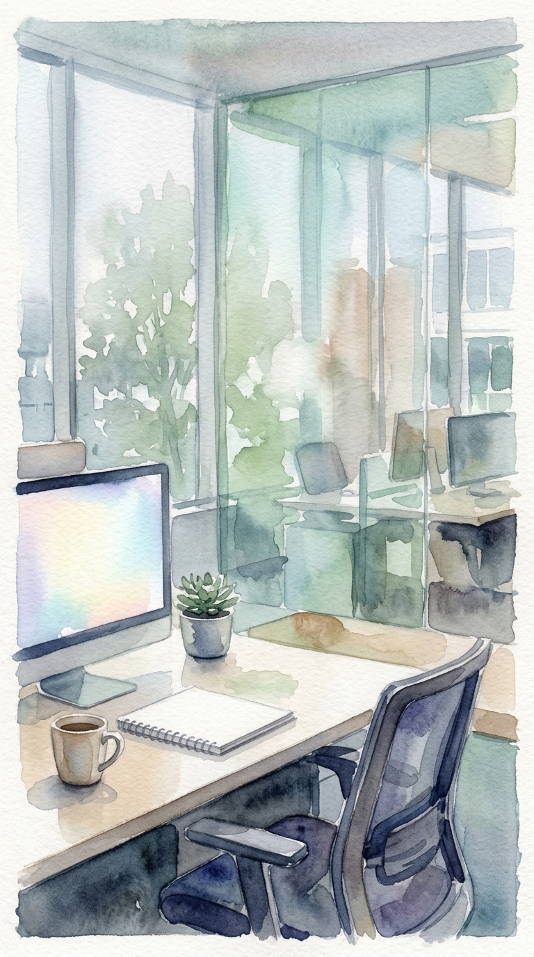 Watercolor illustration of modern office, close-up detail with shallow depth of field, misty morning haze, dreamy, 9:16 aspect ratio