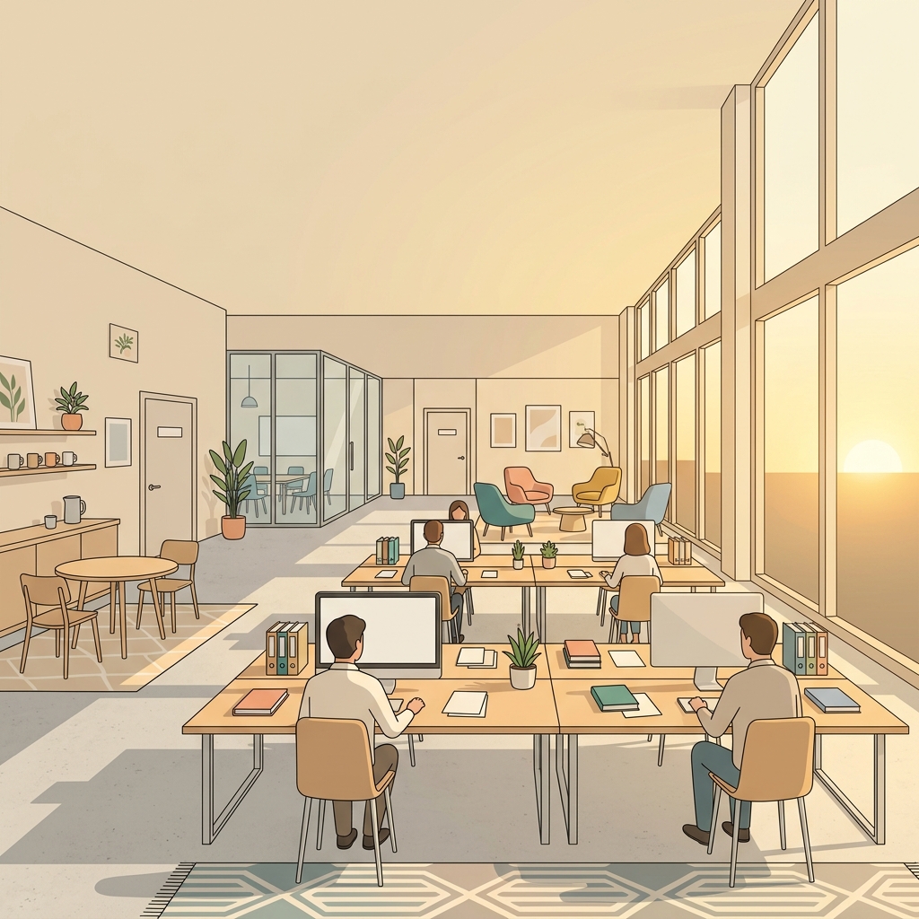 Minimal flat illustration of modern office, wide shot with open space at the top for text, warm golden light, calm mood, 1:1 aspect ratio
