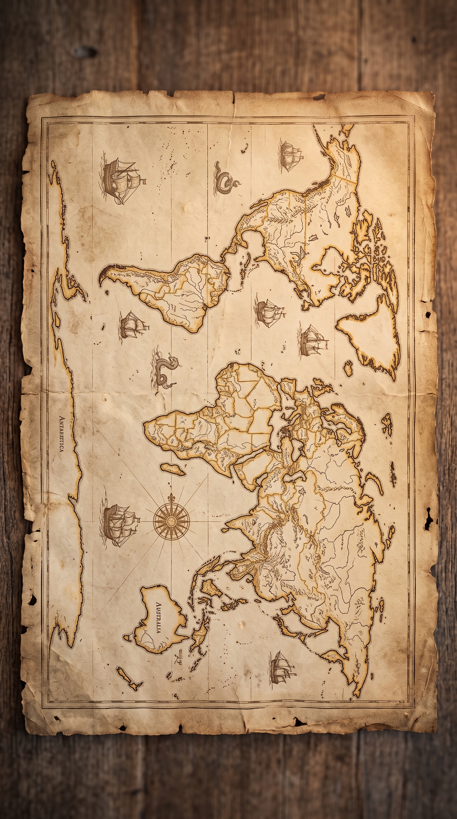 Soft 3d render of antique world map on parchment, high-angle view from above, warm golden light, calm mood, 9:16 aspect ratio