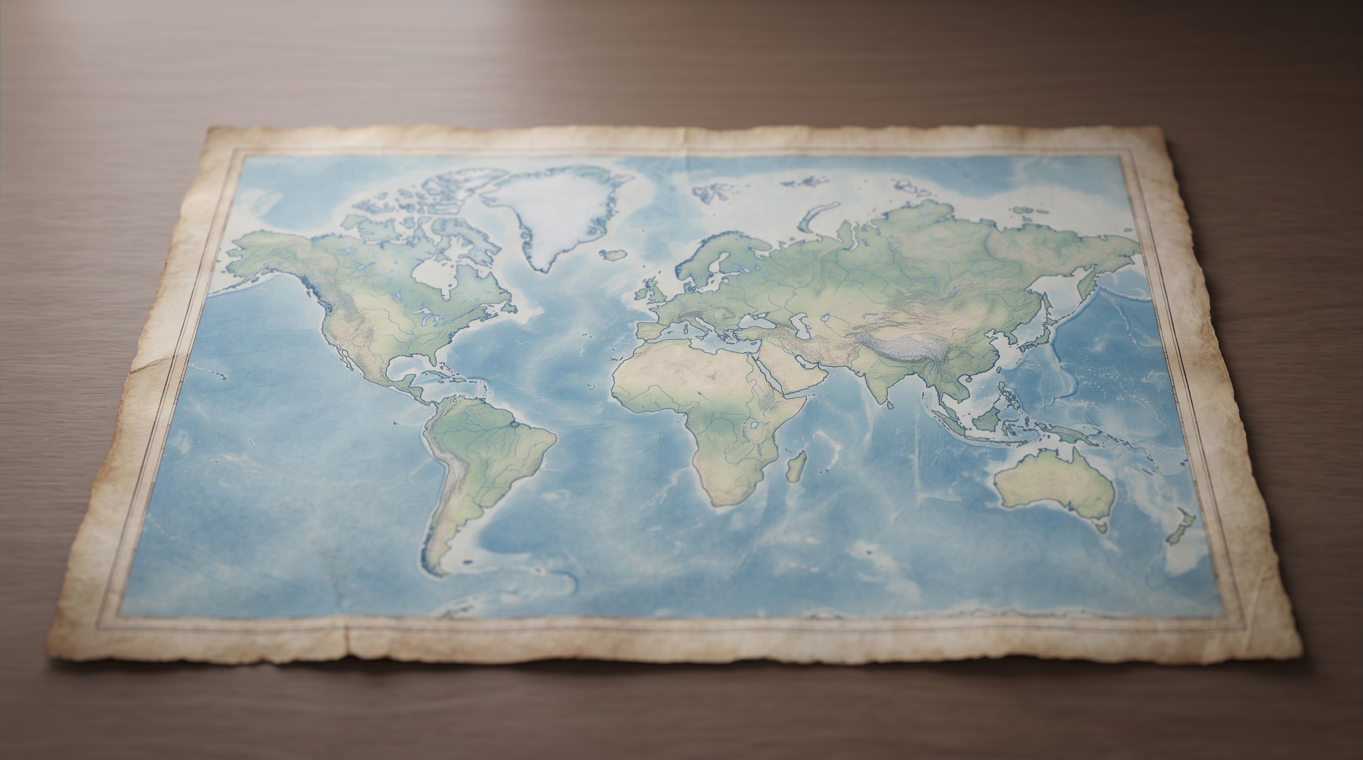 Soft 3d render of antique world map on parchment, centered subject with a simple uncluttered composition, cool blue tones, quiet atmosphere, 16:9 aspect ratio