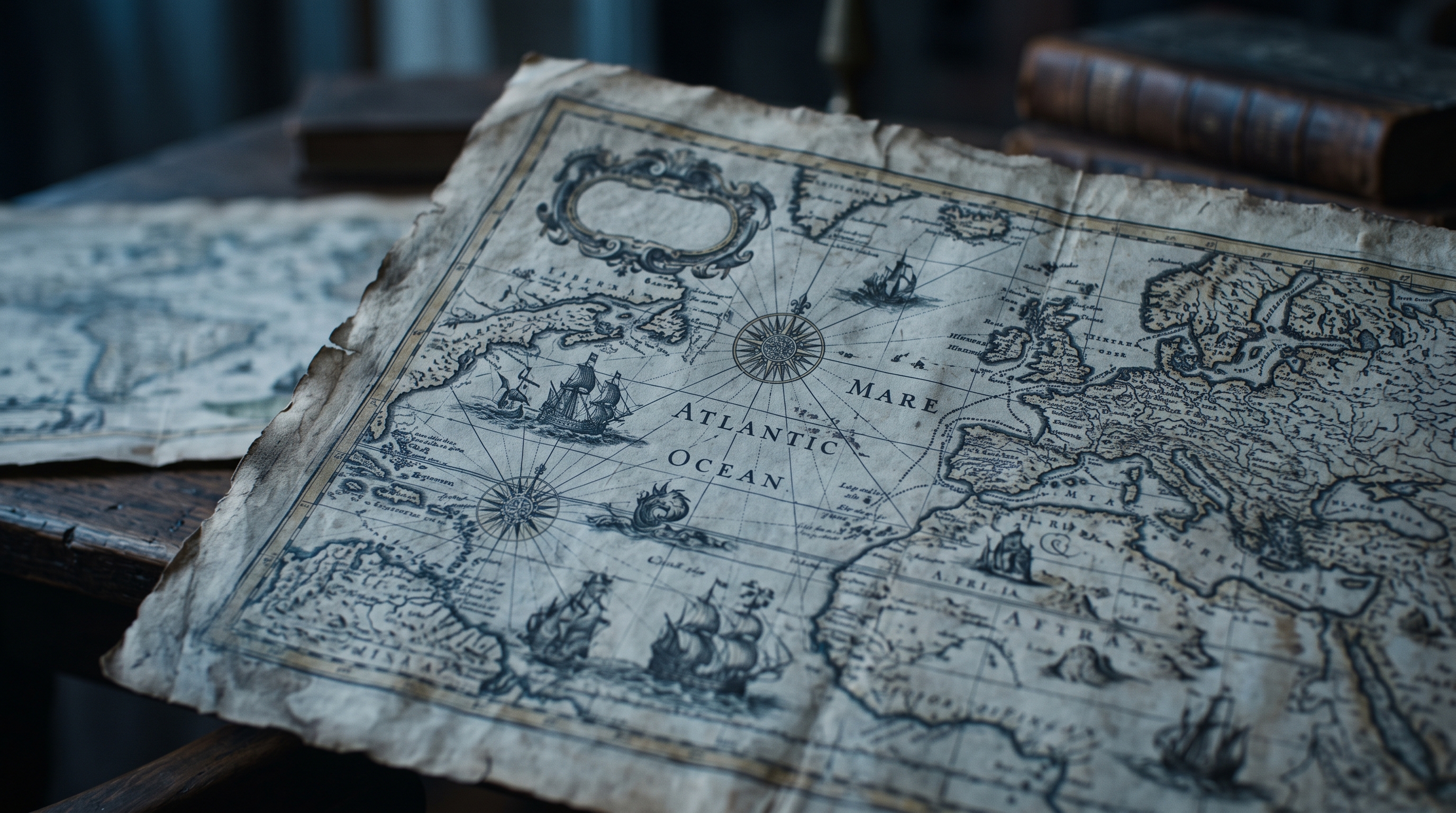 Cinematic film still of antique world map on parchment, close-up detail with shallow depth of field, cool blue tones, quiet atmosphere, 16:9 aspect ratio