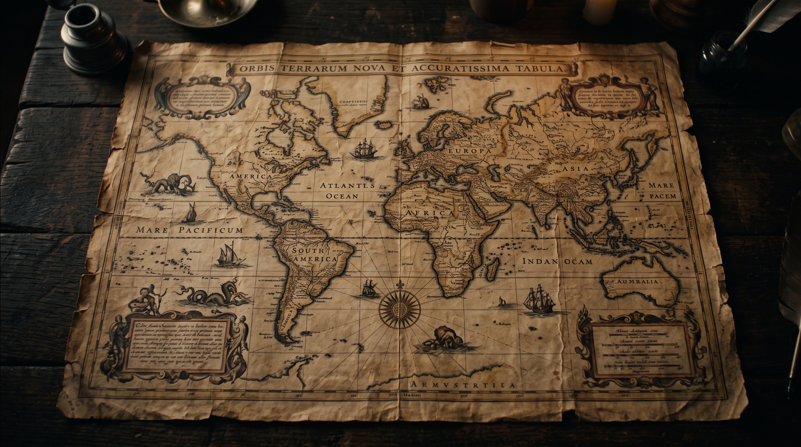 Cinematic film still of antique world map on parchment, high-angle view from above, moody dark tones, dramatic lighting, 16:9 aspect ratio