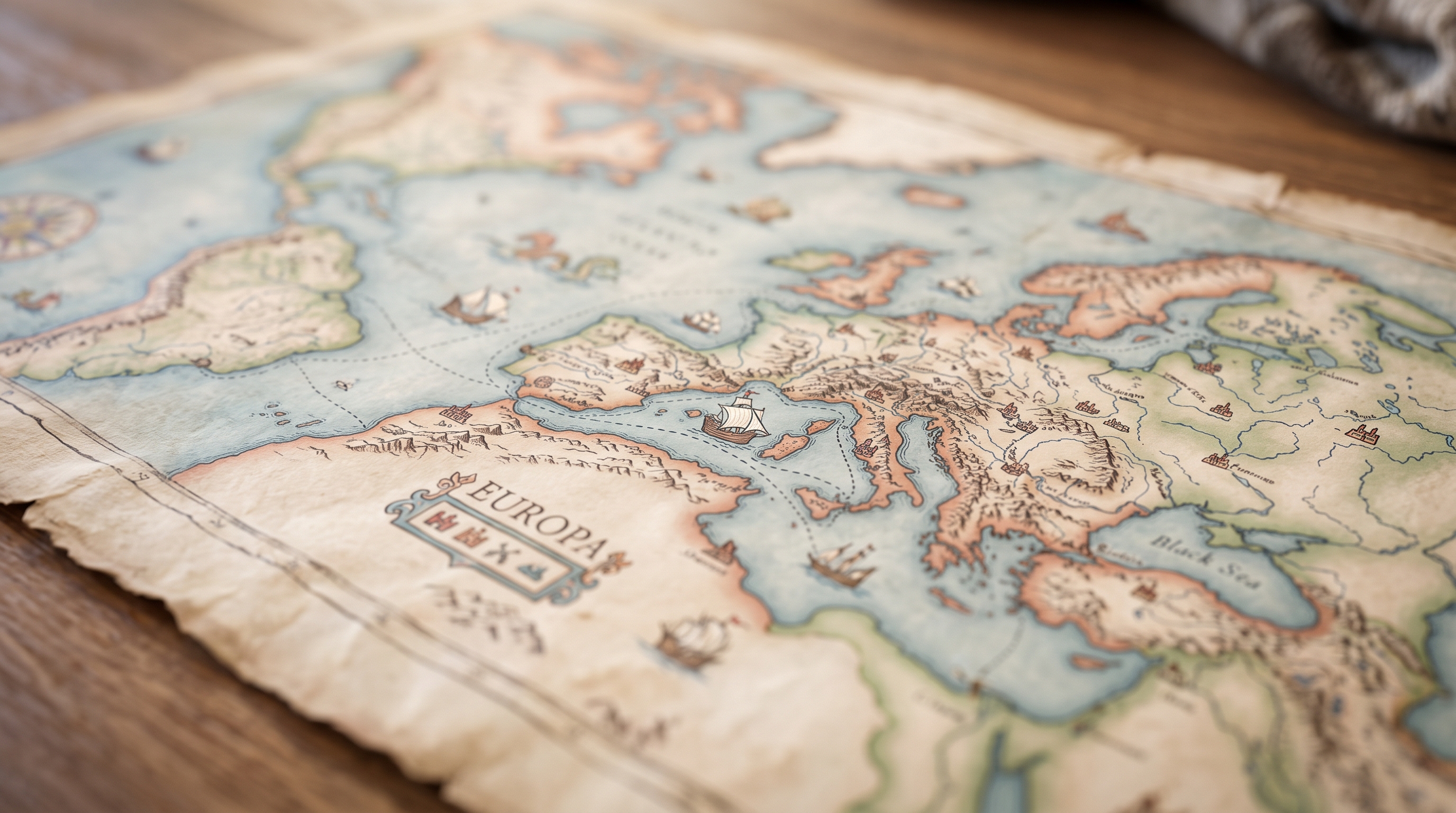 Soft 3d render of antique world map on parchment, close-up detail with shallow depth of field, soft pastel colors, bright and cozy, 16:9 aspect ratio