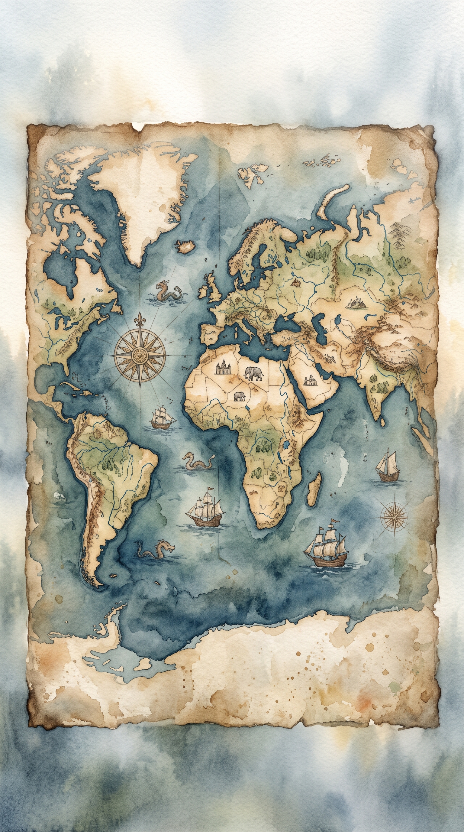 Watercolor illustration of antique world map on parchment, centered subject with a simple uncluttered composition, misty morning haze, dreamy, 9:16 aspect ratio