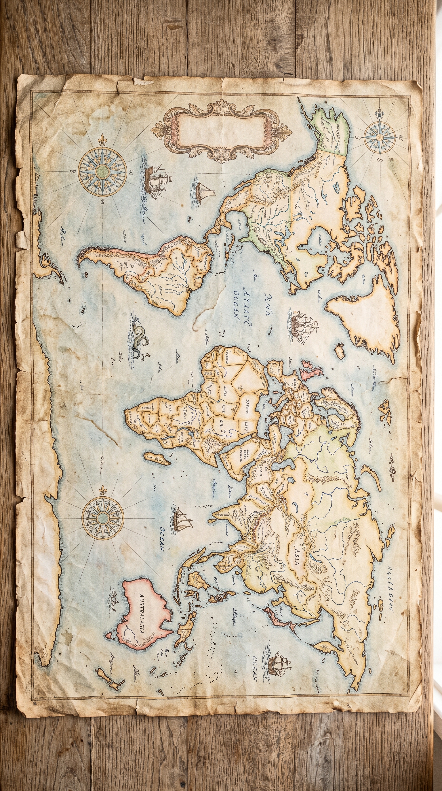 Photorealistic photo of antique world map on parchment, high-angle view from above, soft pastel colors, bright and cozy, 9:16 aspect ratio