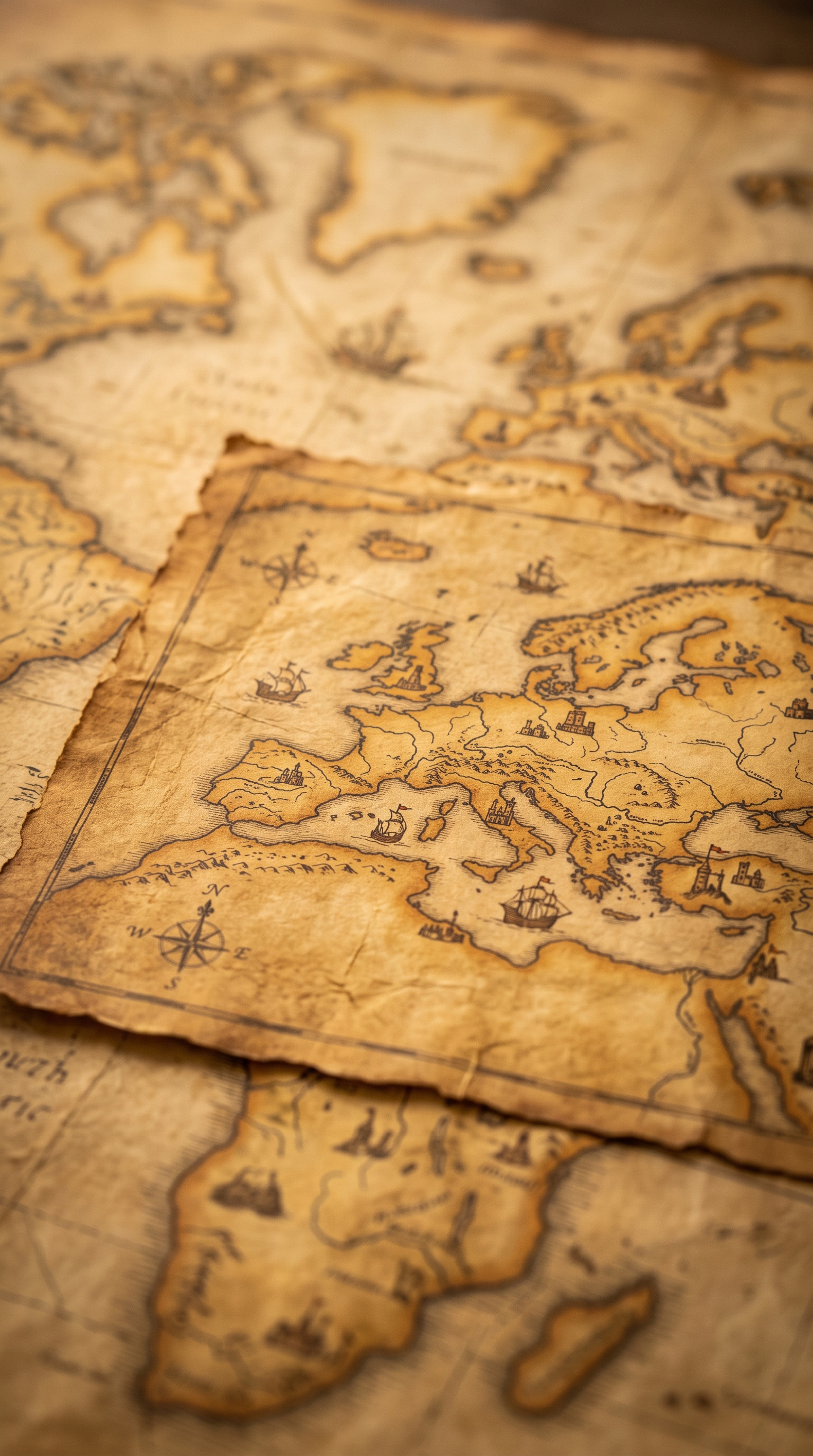Minimal flat illustration of antique world map on parchment, close-up detail with shallow depth of field, warm golden light, calm mood, 9:16 aspect ratio