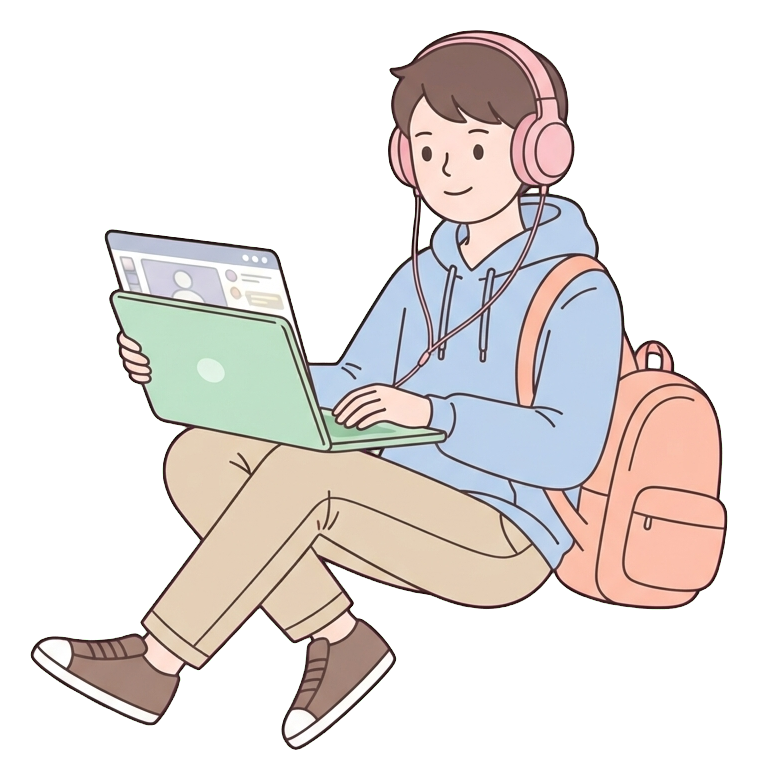 Simple cute flat cartoon illustration with soft pastel colors and thin clean dark outlines of a university student man, student taking an online class on a laptop wearing headphones, transparent background PNG