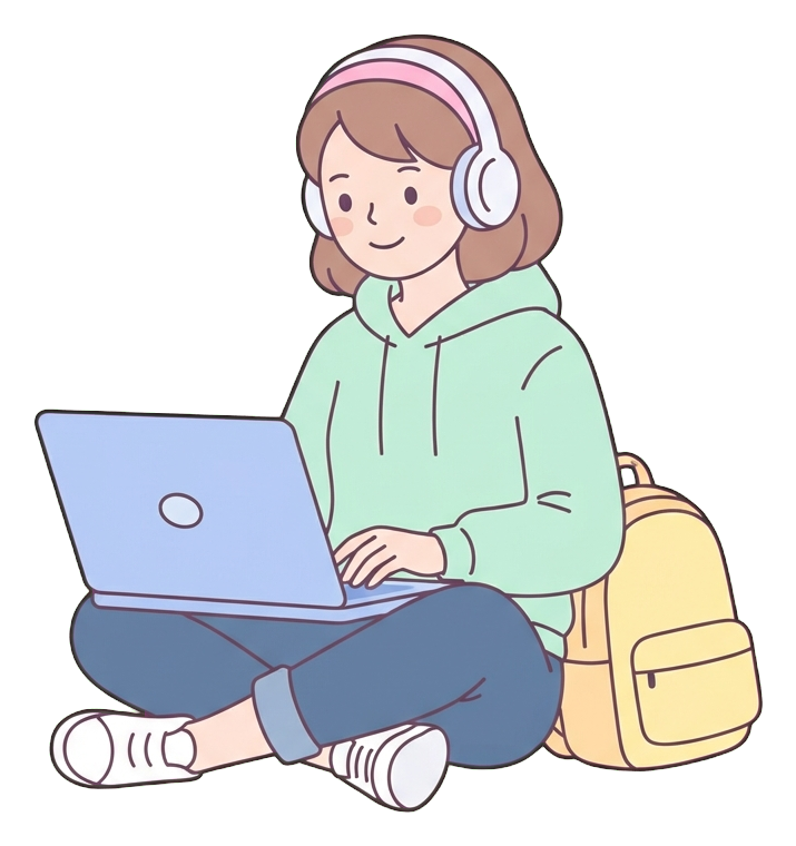 Simple cute flat cartoon illustration with soft pastel colors and thin clean dark outlines of a university student woman, student taking an online class on a laptop wearing headphones, transparent background PNG