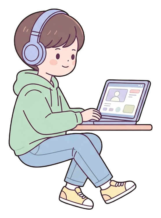 Simple cute flat cartoon illustration with soft pastel colors and thin clean dark outlines of a high school boy, student taking an online class on a laptop wearing headphones, transparent background PNG