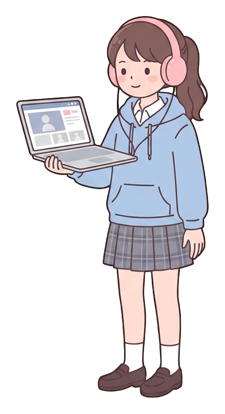 Simple cute flat cartoon illustration with soft pastel colors and thin clean dark outlines of a high school girl, student taking an online class on a laptop wearing headphones, transparent background PNG