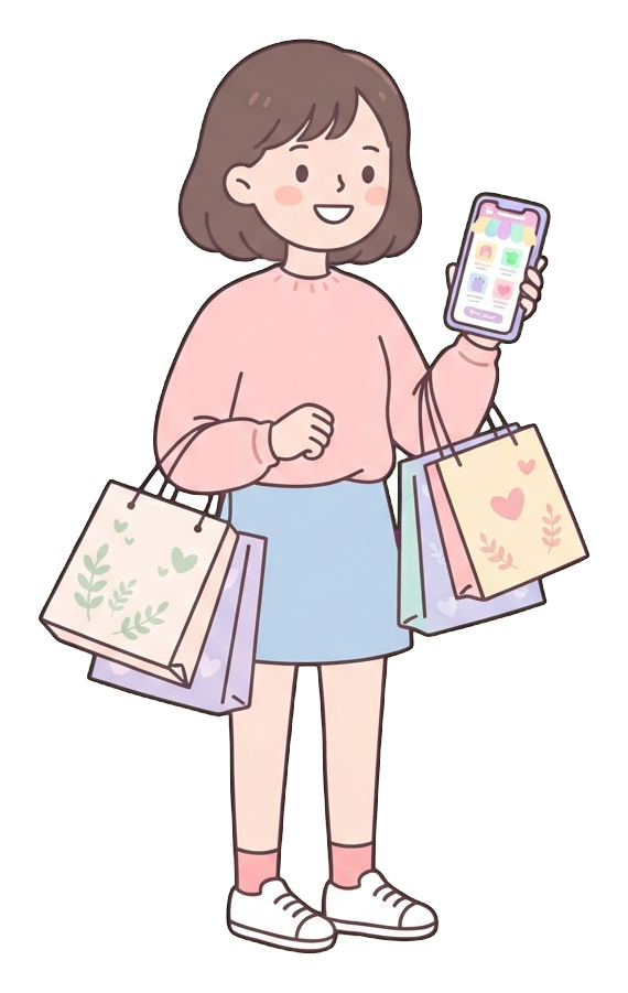 Simple cute flat cartoon illustration with soft pastel colors and thin clean dark outlines of a young woman, person shopping online on a smartphone with shopping bags, transparent background PNG