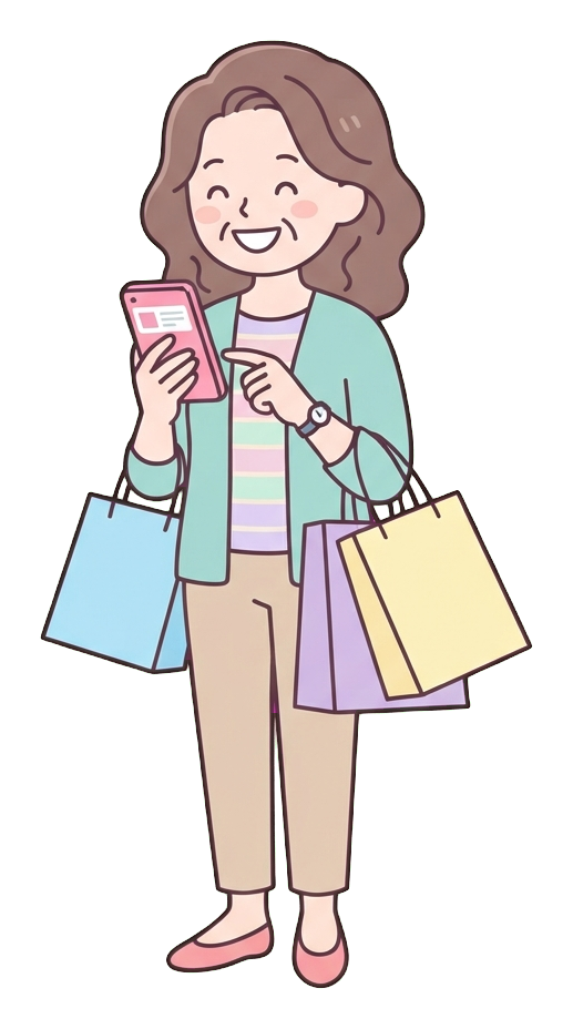 Simple cute flat cartoon illustration with soft pastel colors and thin clean dark outlines of a middle-aged woman, person shopping online on a smartphone with shopping bags, transparent background PNG