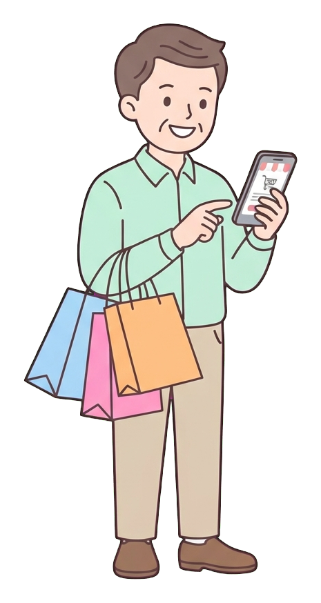 Simple cute flat cartoon illustration with soft pastel colors and thin clean dark outlines of a middle-aged man, person shopping online on a smartphone with shopping bags, transparent background PNG