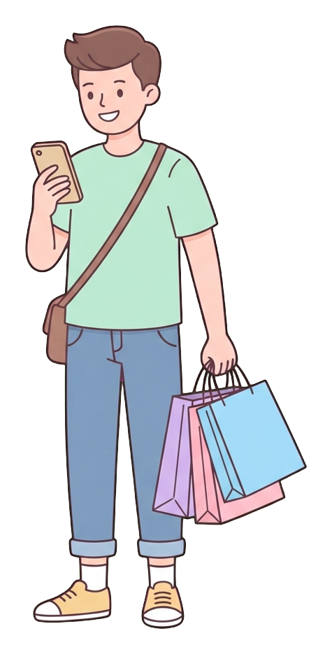 Simple cute flat cartoon illustration with soft pastel colors and thin clean dark outlines of a young man, person shopping online on a smartphone with shopping bags, transparent background PNG