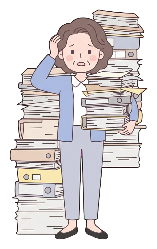 Simple cute flat cartoon illustration with soft pastel colors and thin clean dark outlines of a middle-aged woman, overwhelmed office worker behind tall stacks of papers, transparent background PNG