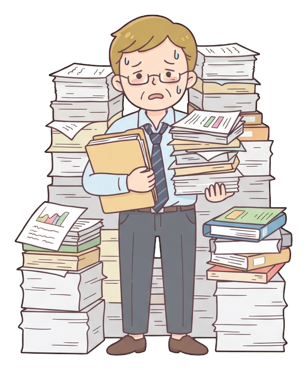 Simple cute flat cartoon illustration with soft pastel colors and thin clean dark outlines of a middle-aged man, overwhelmed office worker behind tall stacks of papers, transparent background PNG