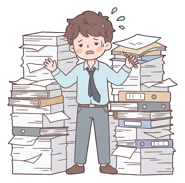 Simple cute flat cartoon illustration with soft pastel colors and thin clean dark outlines of a young man, overwhelmed office worker behind tall stacks of papers, transparent background PNG