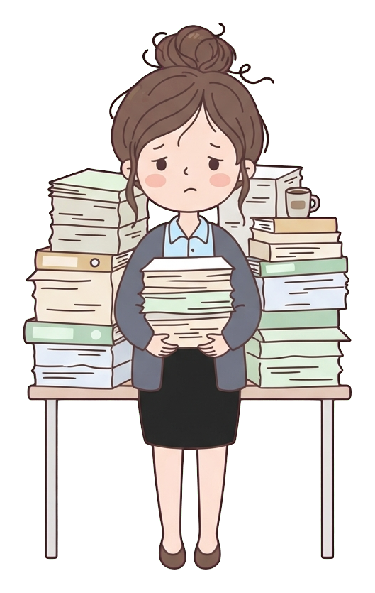 Simple cute flat cartoon illustration with soft pastel colors and thin clean dark outlines of a young woman, overwhelmed office worker behind tall stacks of papers, transparent background PNG