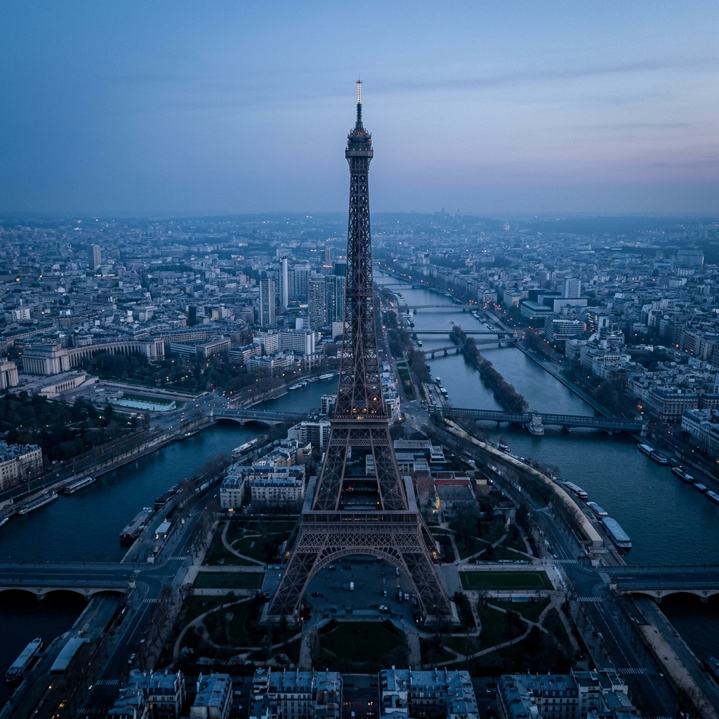 Photorealistic photo of the Eiffel Tower in Paris, high-angle view from above, cool blue tones, quiet atmosphere, 1:1 aspect ratio