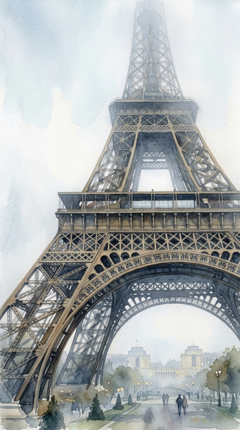 Watercolor illustration of the Eiffel Tower in Paris, close-up detail with shallow depth of field, misty morning haze, dreamy, 9:16 aspect ratio