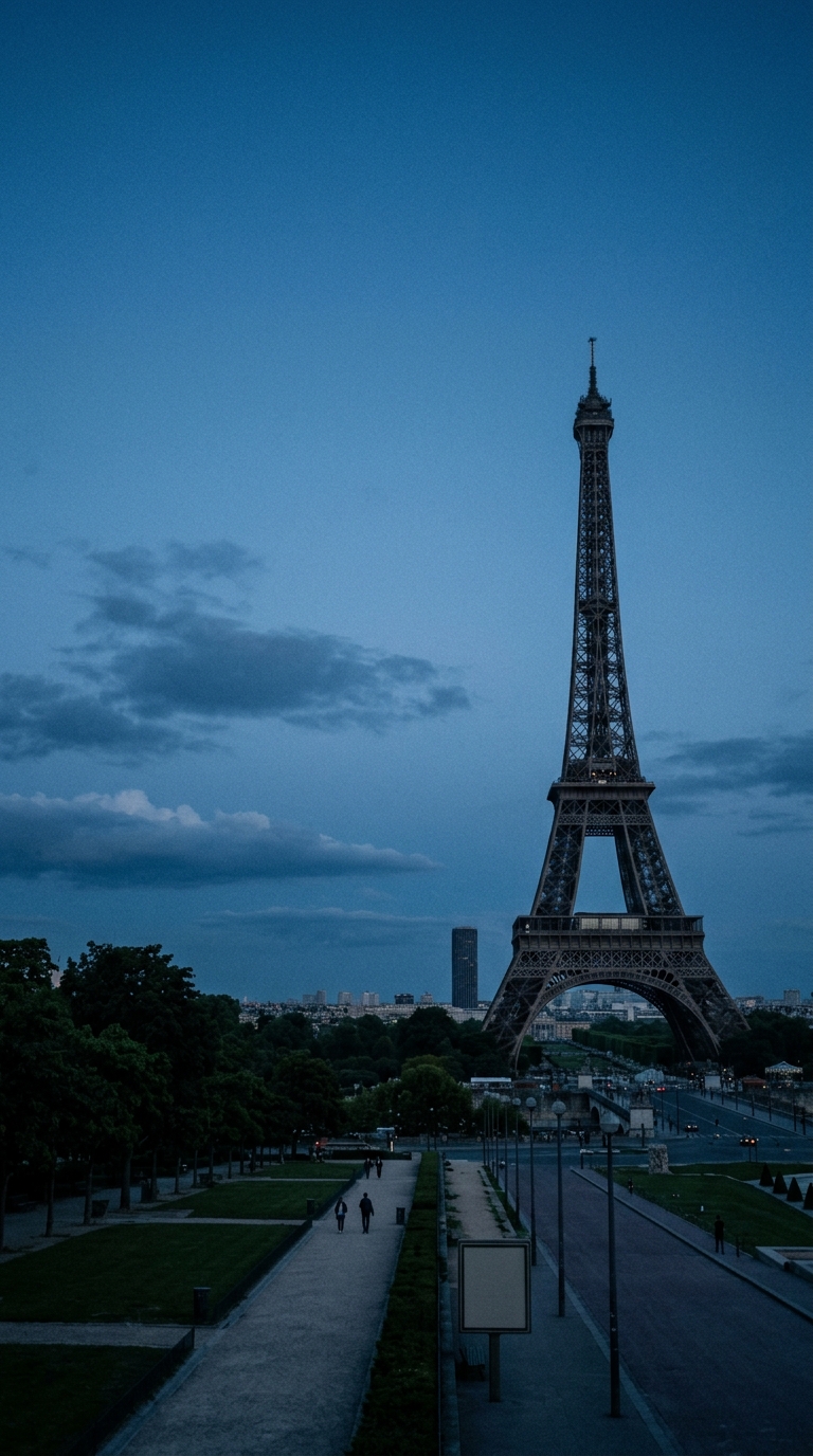 Cinematic film still of the Eiffel Tower in Paris, wide shot with open space at the top for text, cool blue tones, quiet atmosphere, 9:16 aspect ratio