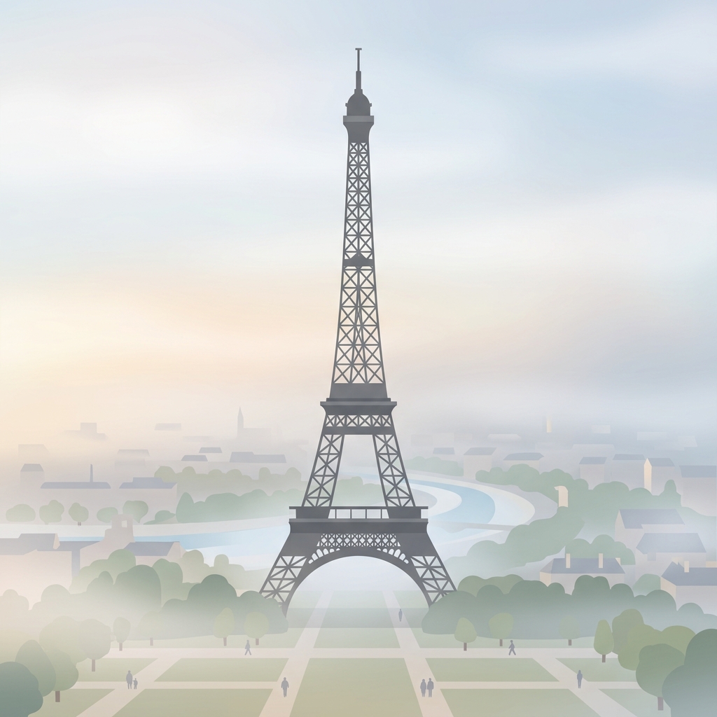 Minimal flat illustration of the Eiffel Tower in Paris, centered subject with a simple uncluttered composition, misty morning haze, dreamy, 1:1 aspect ratio