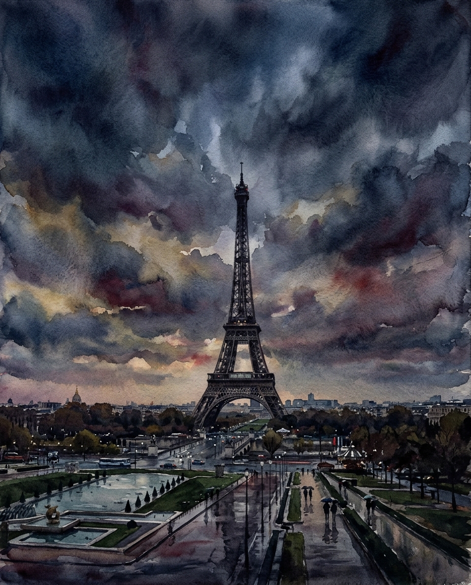 Watercolor illustration of the Eiffel Tower in Paris, wide shot with open space at the top for text, moody dark tones, dramatic lighting, 4:5 aspect ratio