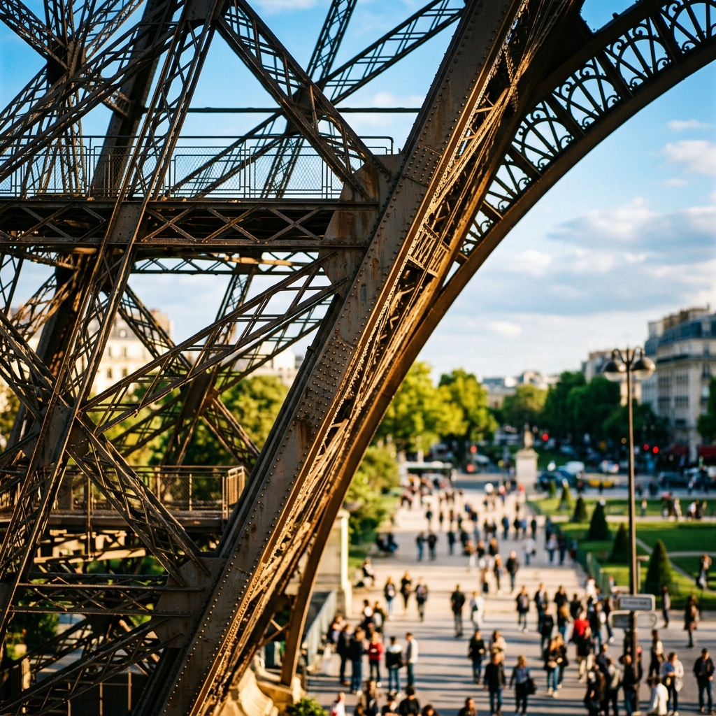 Photorealistic photo of the Eiffel Tower in Paris, close-up detail with shallow depth of field, vivid colors, high contrast, energetic, 1:1 aspect ratio