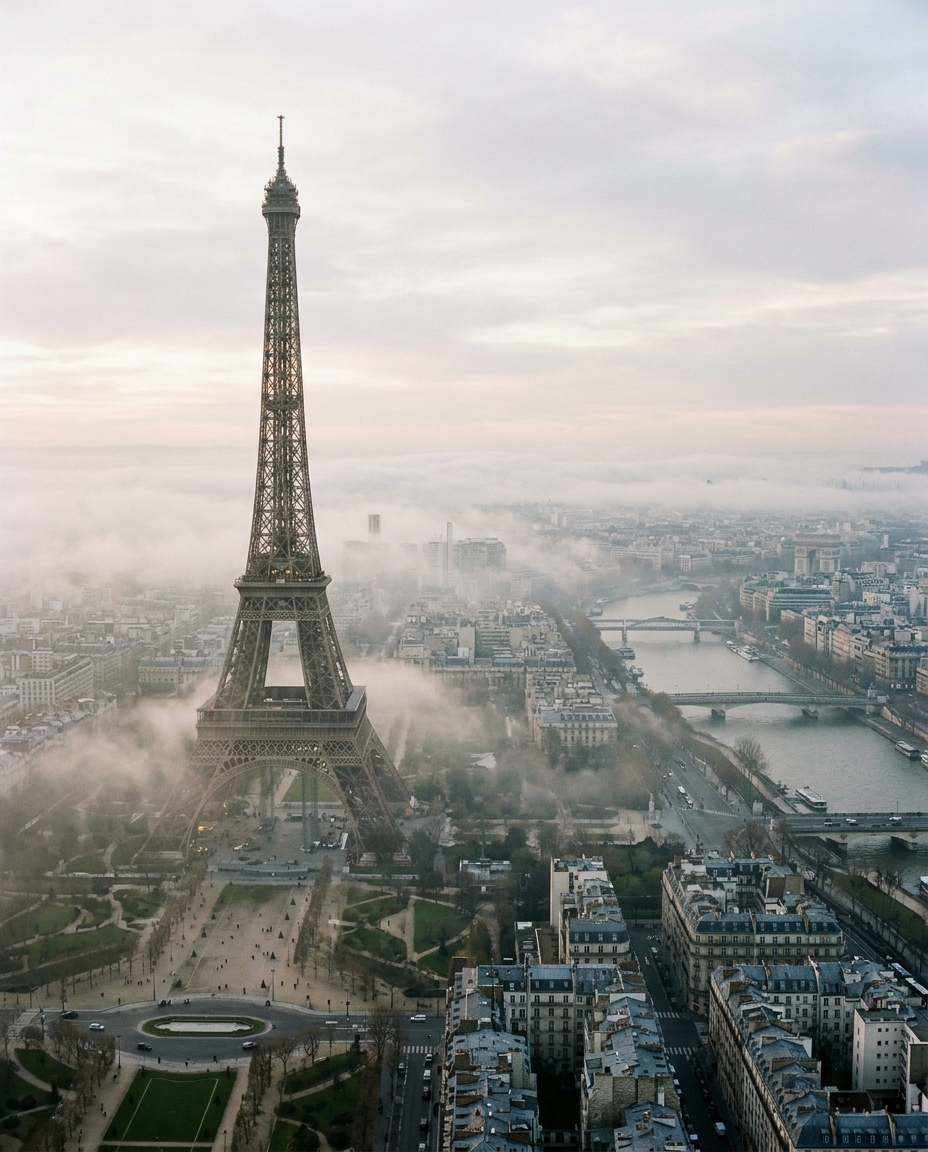 Cinematic film still of the Eiffel Tower in Paris, high-angle view from above, misty morning haze, dreamy, 4:5 aspect ratio