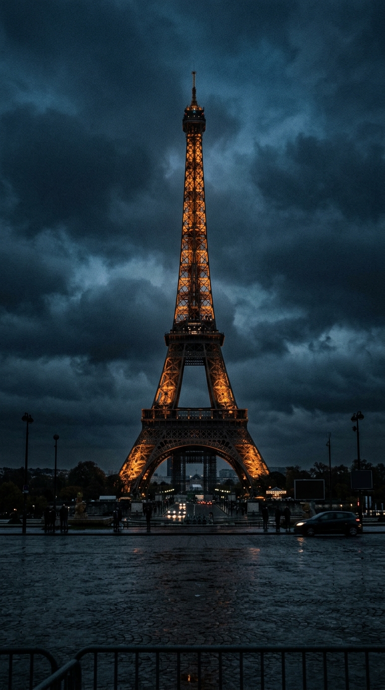 Cinematic film still of the Eiffel Tower in Paris, centered subject with a simple uncluttered composition, moody dark tones, dramatic lighting, 9:16 aspect ratio