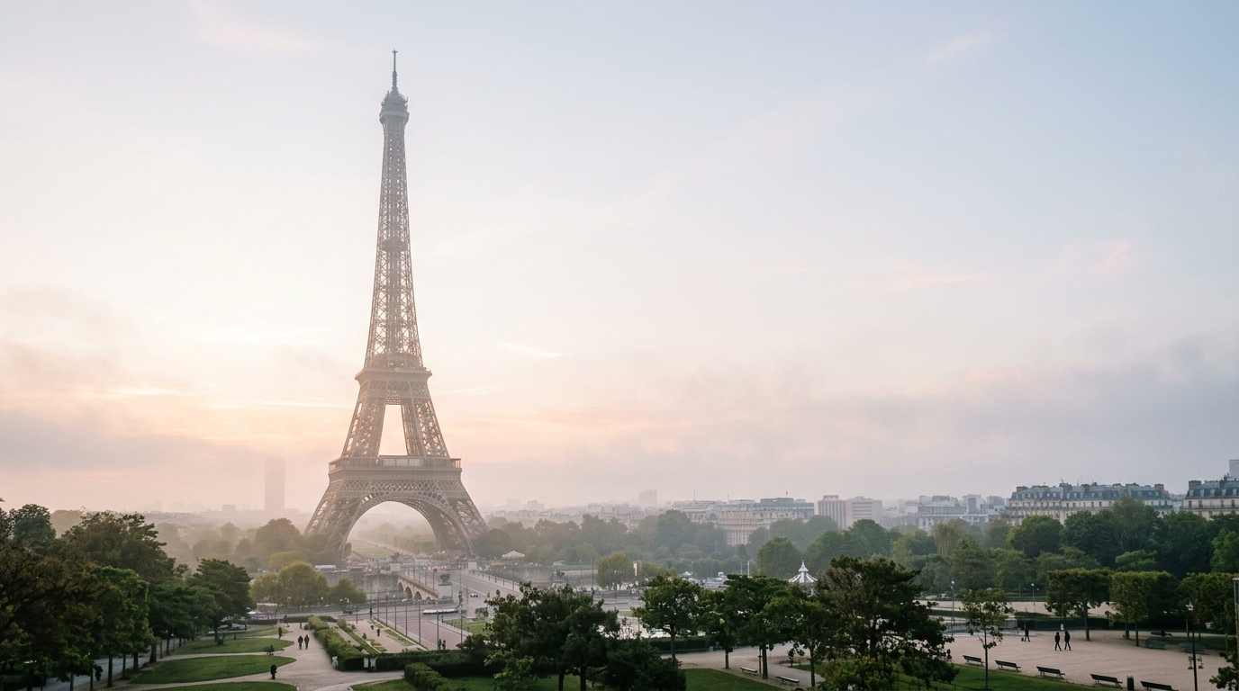 Photorealistic photo of the Eiffel Tower in Paris, wide shot with open space at the top for text, misty morning haze, dreamy, 16:9 aspect ratio