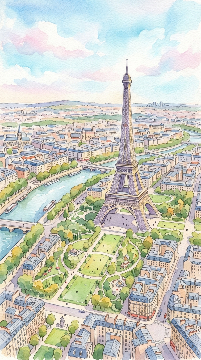 Watercolor illustration of the Eiffel Tower in Paris, high-angle view from above, soft pastel colors, bright and cozy, 9:16 aspect ratio