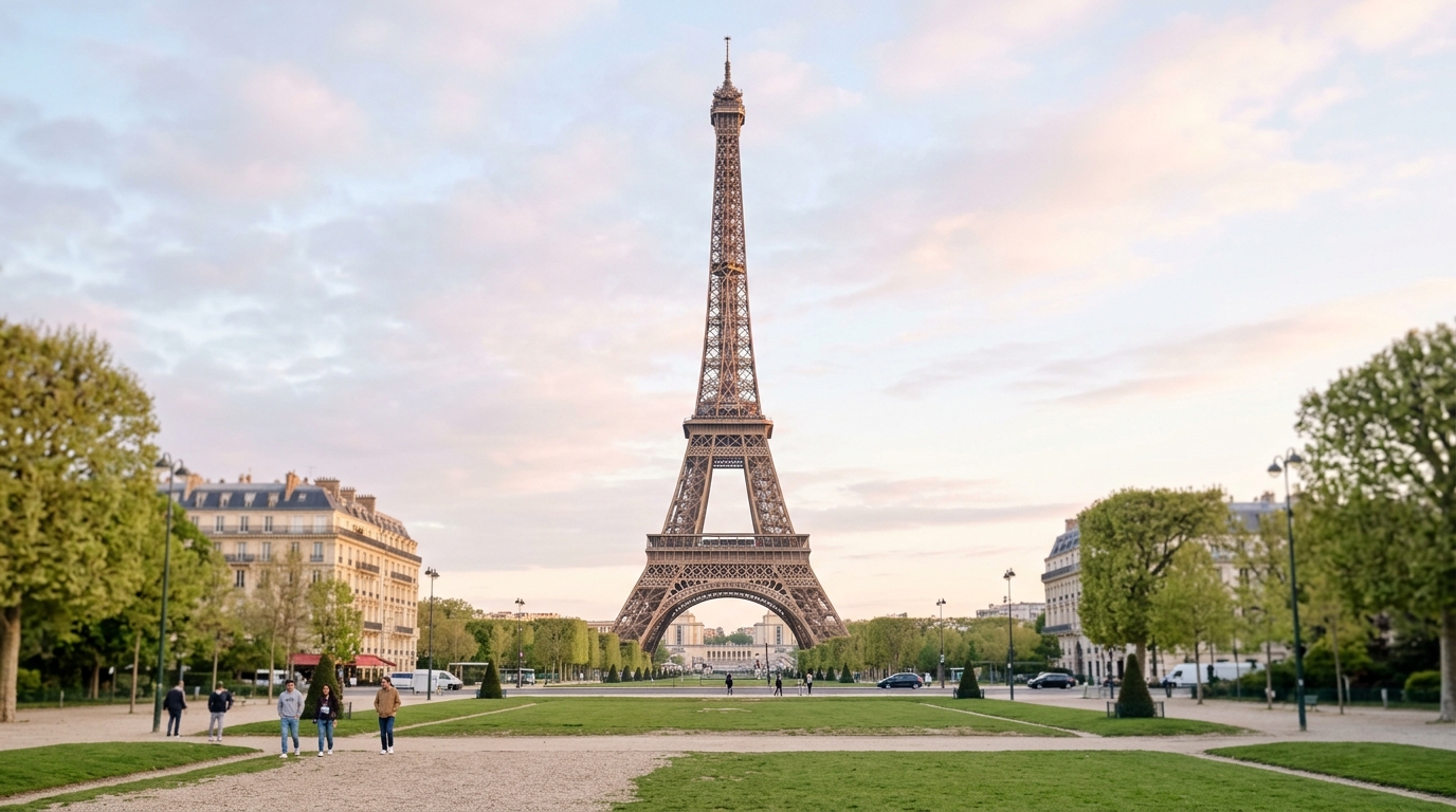 Photorealistic photo of the Eiffel Tower in Paris, centered subject with a simple uncluttered composition, soft pastel colors, bright and cozy, 16:9 aspect ratio