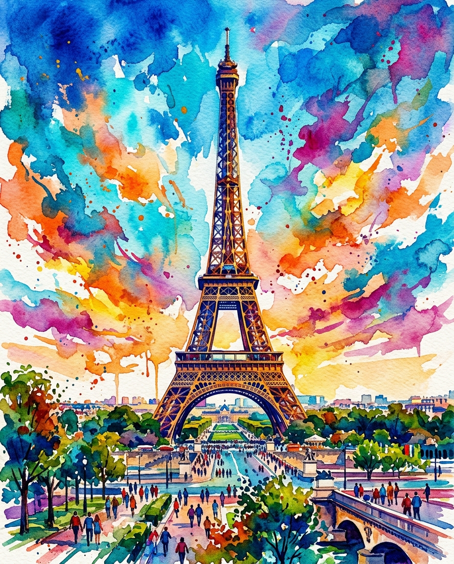 Watercolor illustration of the Eiffel Tower in Paris, centered subject with a simple uncluttered composition, vivid colors, high contrast, energetic, 4:5 aspect ratio