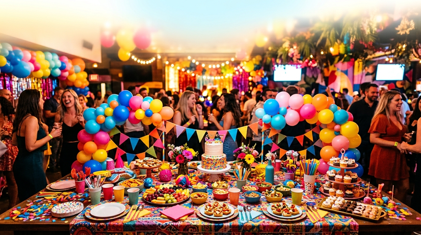 Photorealistic photo of a party table with decorations, wide shot with open space at the top for text, vivid colors, high contrast, energetic, 16:9 aspect ratio