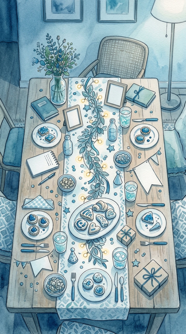 장식이 놓인 파티 테이블, 수채화 일러스트, 위에서 내려다본 구도, 차가운 푸른 톤, 고요한 분위기, 9:16 비율