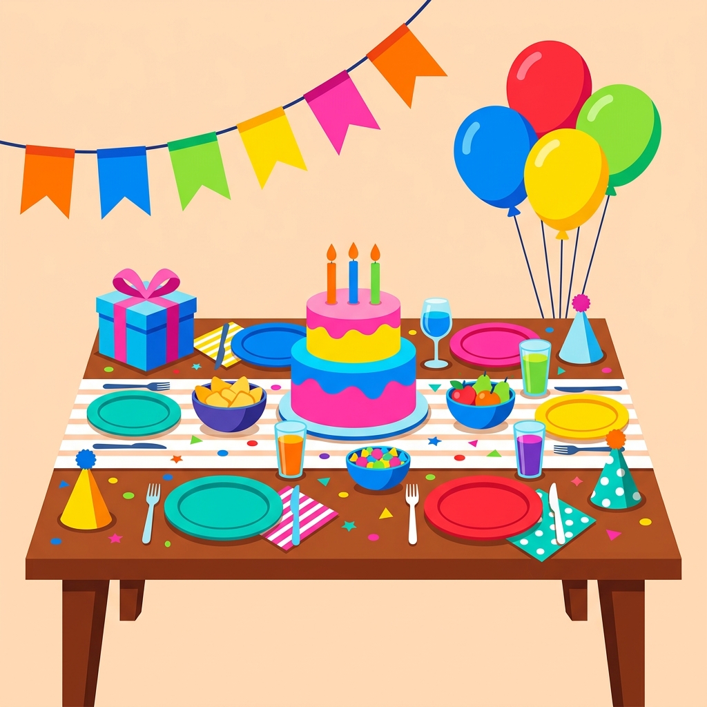 Minimal flat illustration of a party table with decorations, centered subject with a simple uncluttered composition, vivid colors, high contrast, energetic, 1:1 aspect ratio