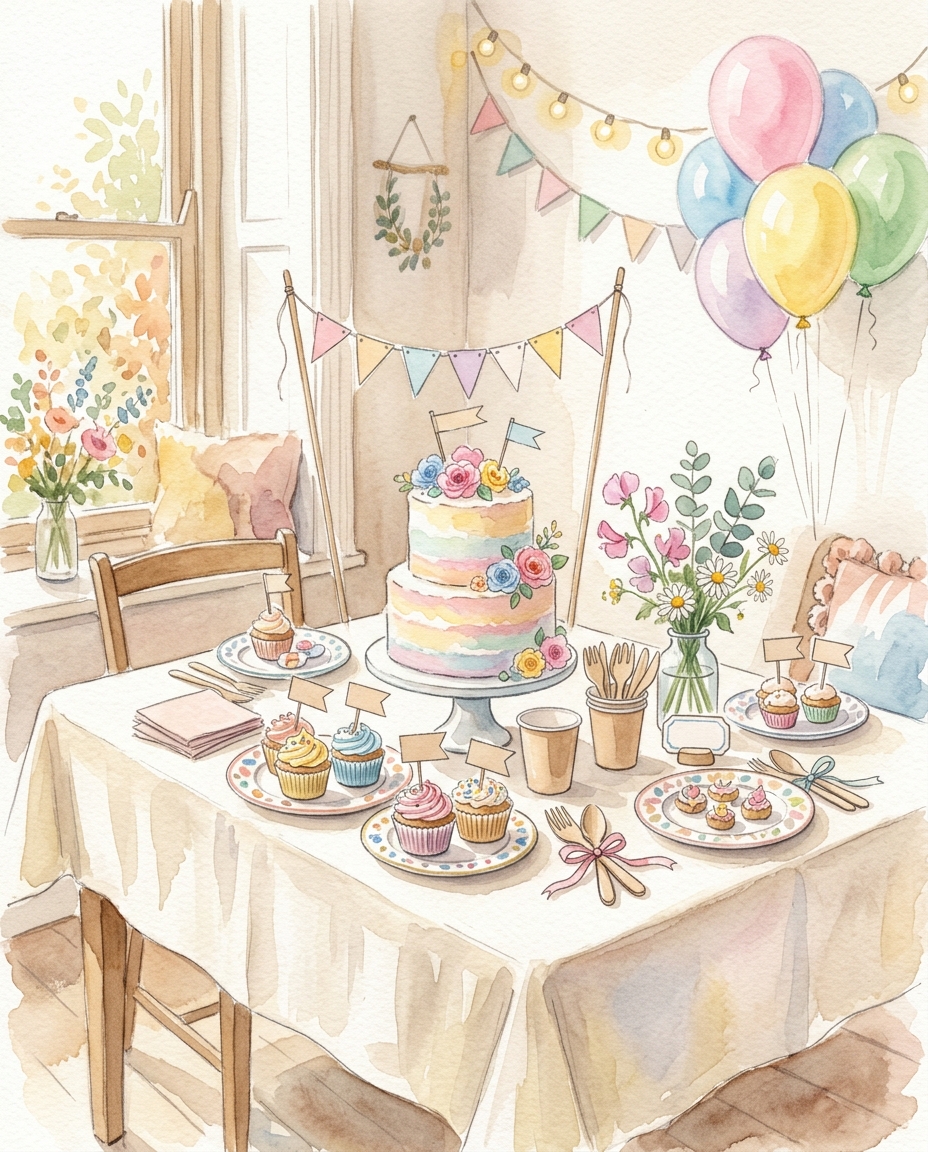Watercolor illustration of a party table with decorations, centered subject with a simple uncluttered composition, soft pastel colors, bright and cozy, 4:5 aspect ratio