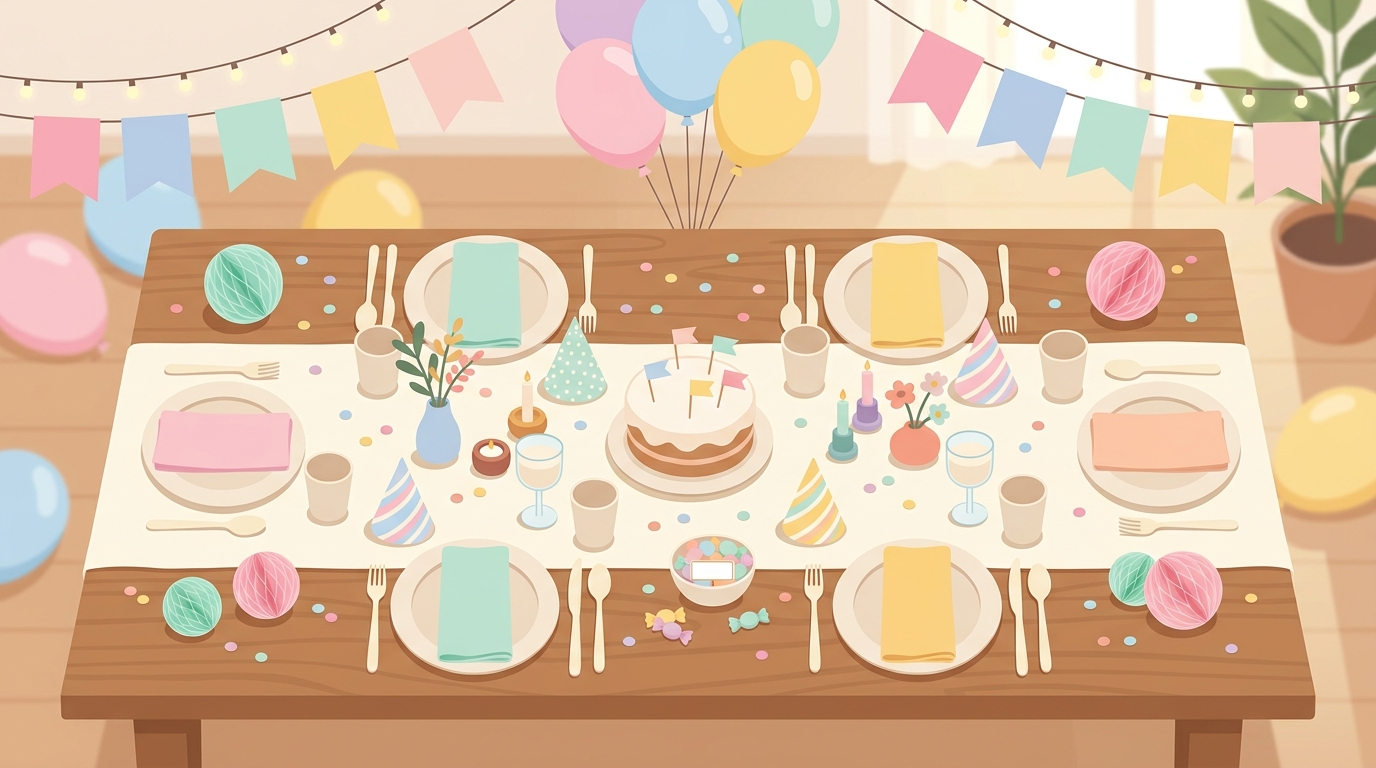 Minimal flat illustration of a party table with decorations, high-angle view from above, soft pastel colors, bright and cozy, 16:9 aspect ratio