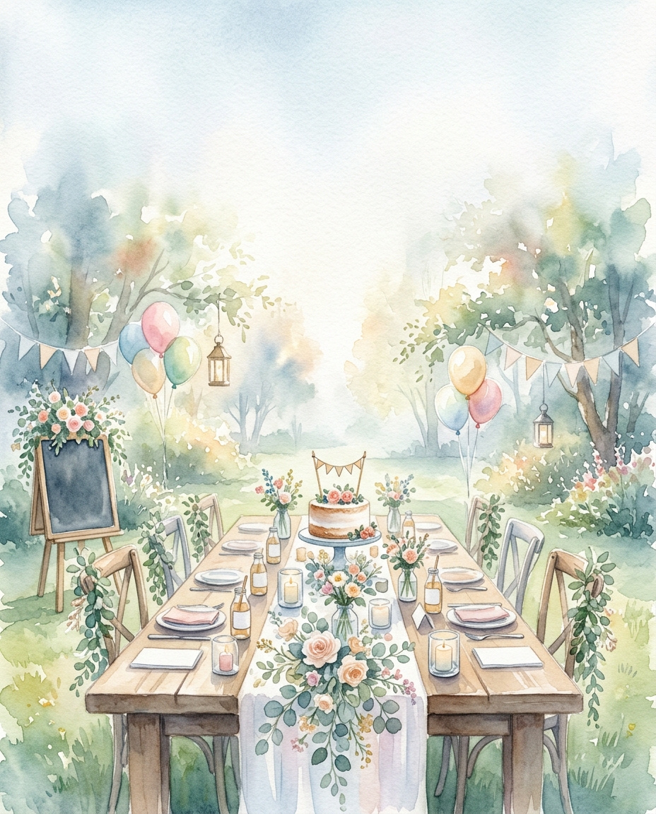 Watercolor illustration of a party table with decorations, wide shot with open space at the top for text, misty morning haze, dreamy, 4:5 aspect ratio
